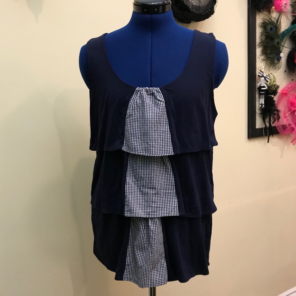 NWOT Anthropologie “Lena Case” Navy w Gingham Top